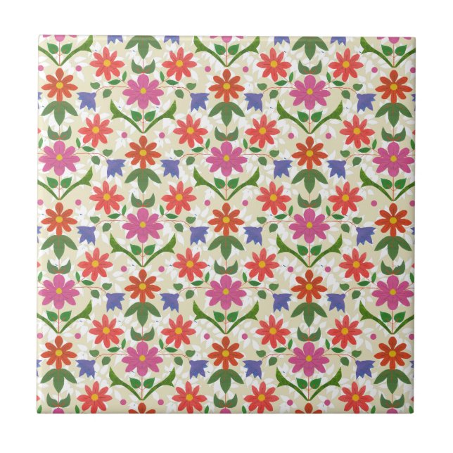 Fleurs et Points sur Ecru, Carreau de Céramique (Devant)