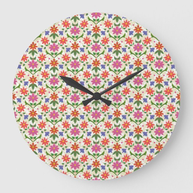 Fleurs et Pois sur Ecru Round Wall Horloge (Recto)