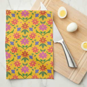Fleurs et Pois sur serviette de cuisine jaune