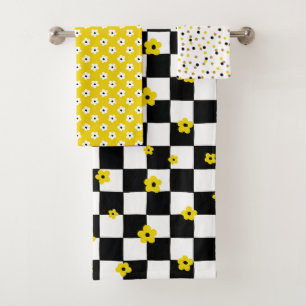 FLEURS ET STRIPES BLANCS NOIRS JAUNES