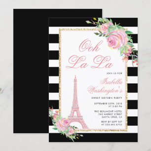 Fleurs et Tour Eiffel Invitation fête d'anniversai