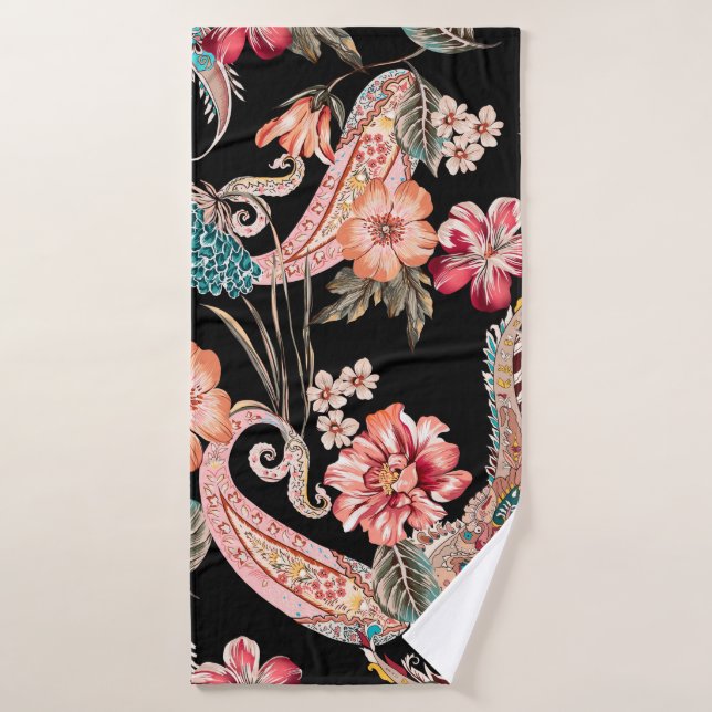 Fleurs ethniques et feuilles avec paisley vintage  (Serviette de bain)