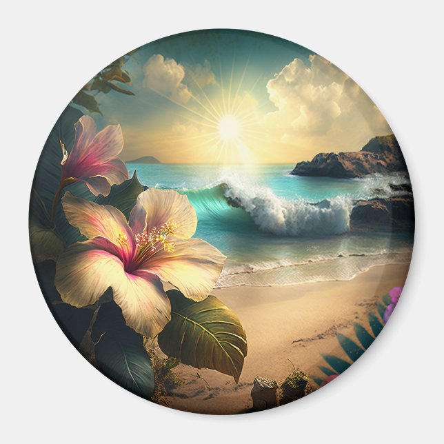 Fleurs exotiques vintages hawaïennes sur le aimant (Devant)