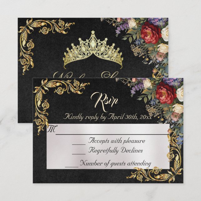 Fleurs & Feuilles d'Or - Réponse RSVP Noir (Devant / Derrière)