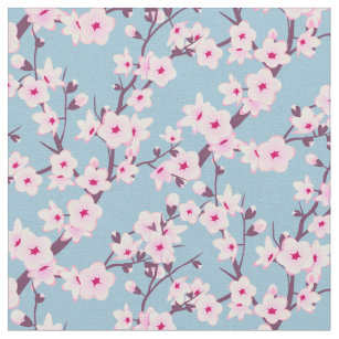 Fleurs florales de cerisier Ciel rose tissu bleu