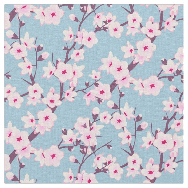 Fleurs florales de cerisier Ciel rose tissu bleu (Fermer)