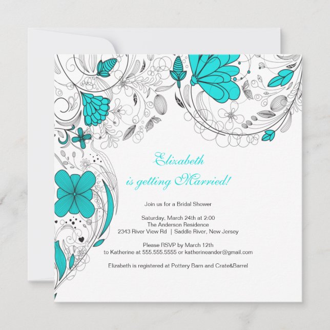 Fleurs florales Invitation douche nuptiale Turquoi (Devant)