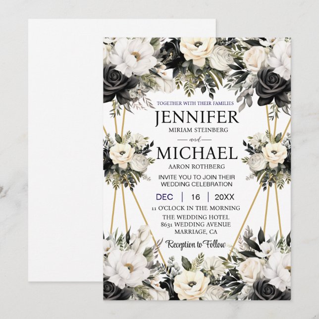 Fleurs florales noires et blanches Invitations de  (Devant / Derrière)