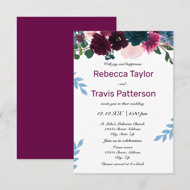 Fleurs Florales Prune - Invitation de Mariage/Réce (Devant / Derrière)