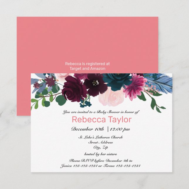 Fleurs Florales Rose - Invitation Baby Shower 3x5 (Devant / Derrière)
