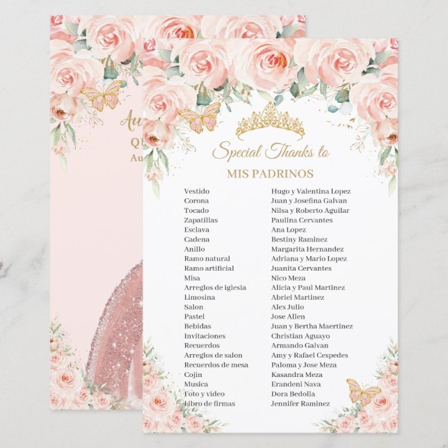 Fleurs florales rose pâle Mis Padrinos Quinceañera (Devant / Derrière)