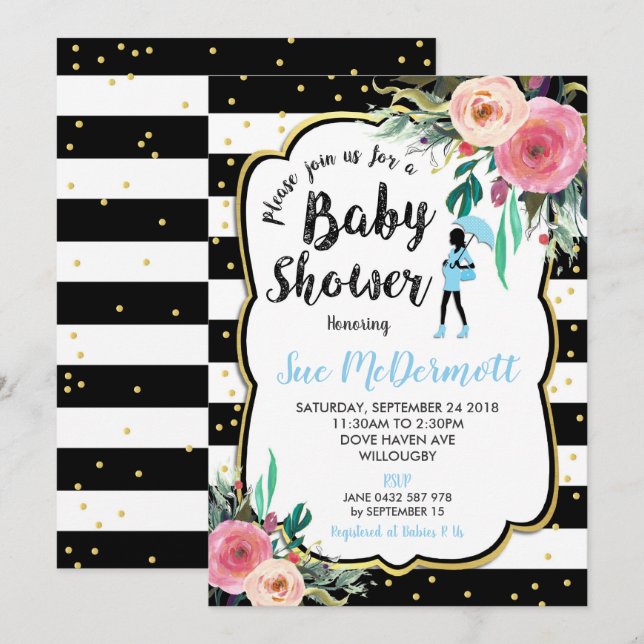 Fleurs florales roses Baby shower Invitation Garço (Devant / Derrière)