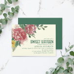 Fleurs florissantes Sweet sixteen Invitation d'ann<br><div class="desc">Cette invitation Sweet sixteen Fleurs en fleurs présente des feuilles verts avec des fleurs violettes jaunes, bleues et rougeâtres et le mot "Sweet sixteen" dans une typographie de style vintage en vert, le tout contre un arrière - plan jaune clair. Cette invitation comprend également un côté arrière vert solide correspondant....</div>