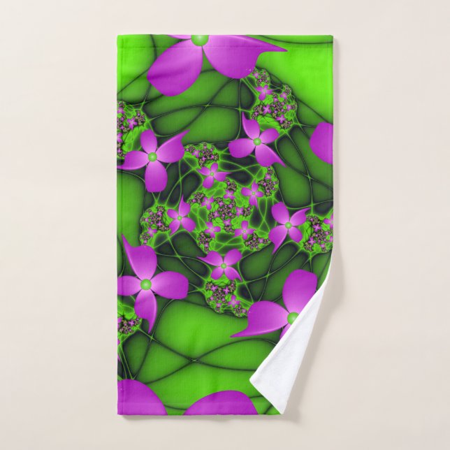 Fleurs fractales Abstraites de néon rose vert (Serviette à main)