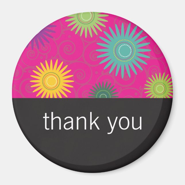 Fleurs funky sur aimant rose (Devant)