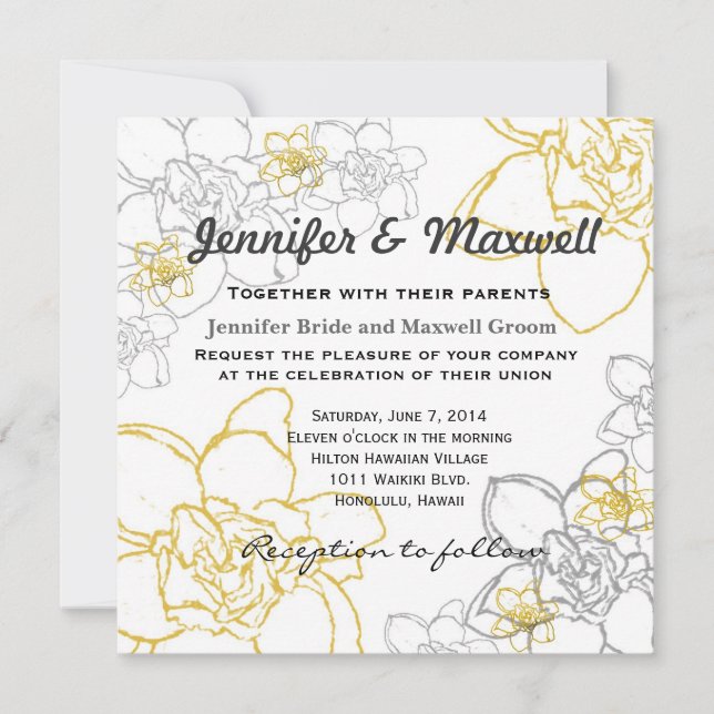 Fleurs grises et jaunes de faire-part de mariage (Devant)