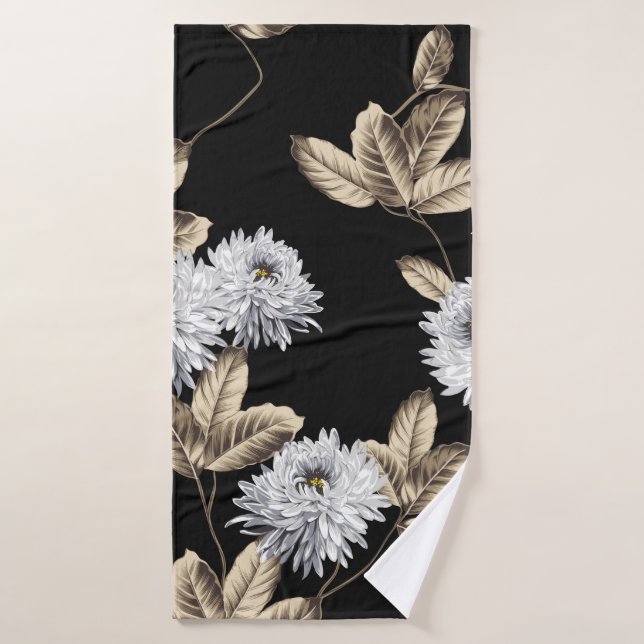 fleurs grises mignonnes avec motif en feuille brun (Serviette de bain)