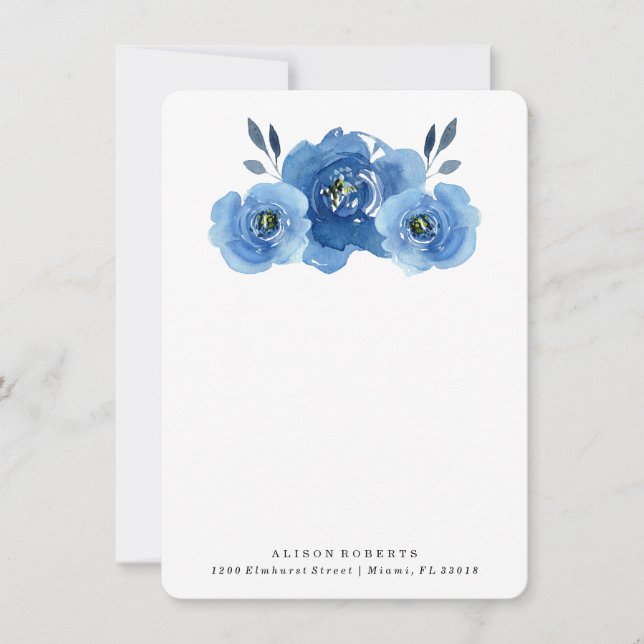Fleurs Indigo | Carte papier à lettres personnalis (Devant)