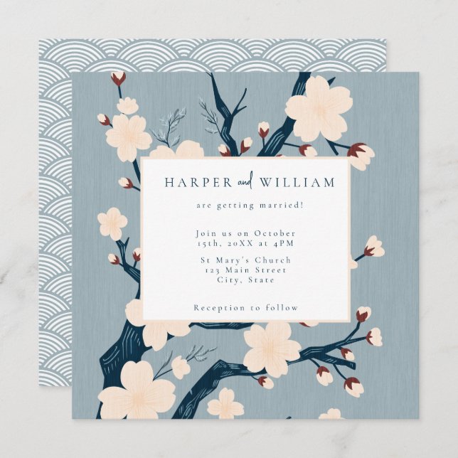 Fleurs japandi bleu et rose faire-part de mariage (Devant / Derrière)