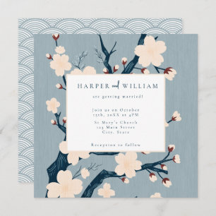 Fleurs japandi bleu et rose faire-part de mariage