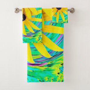 Fleurs jaunes Abstraites rétro sur Aqua Swirl
