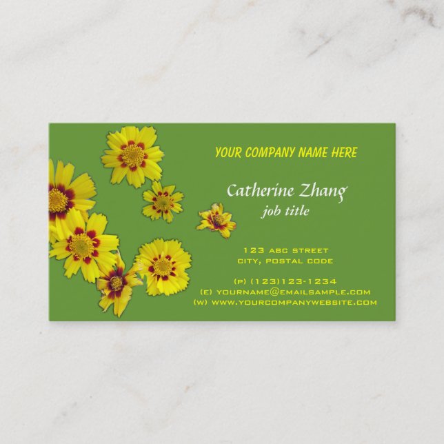 fleurs jaunes carte de visite verte (Devant)