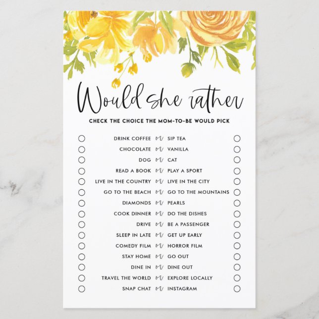 Fleurs Jaunes Elle Plairait Baby shower Jeu (Devant)