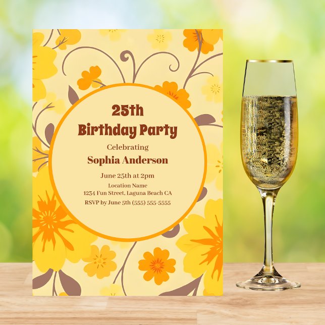 Fleurs jaunes rétro soleil - Invitation d'annivers (Retro Sunshine Yellow Flowers-Birthday Invitation )