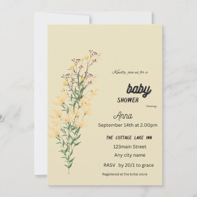 Fleurs jaunes sauvages baby shower carte d'invitat (Devant)