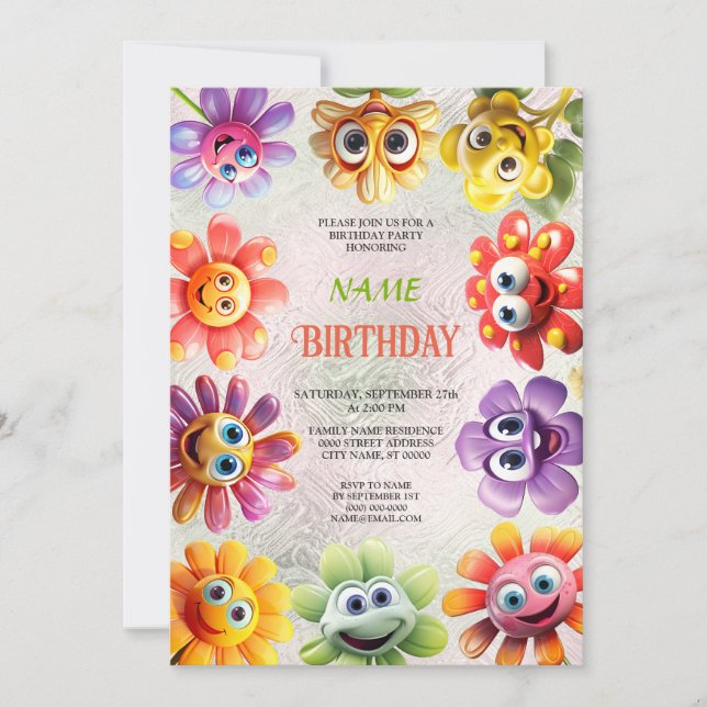 Fleurs joyeuses Invitation de fête d'anniversaire (Devant)