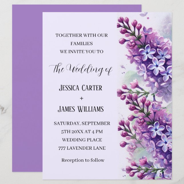 Fleurs Lilac Aquarelle Mariage rustique (Devant / Derrière)