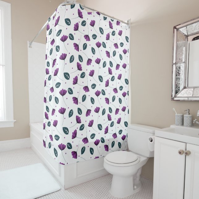 Fleurs Lilac Sur Un Rideau Bg Douche Blanc (En situation)