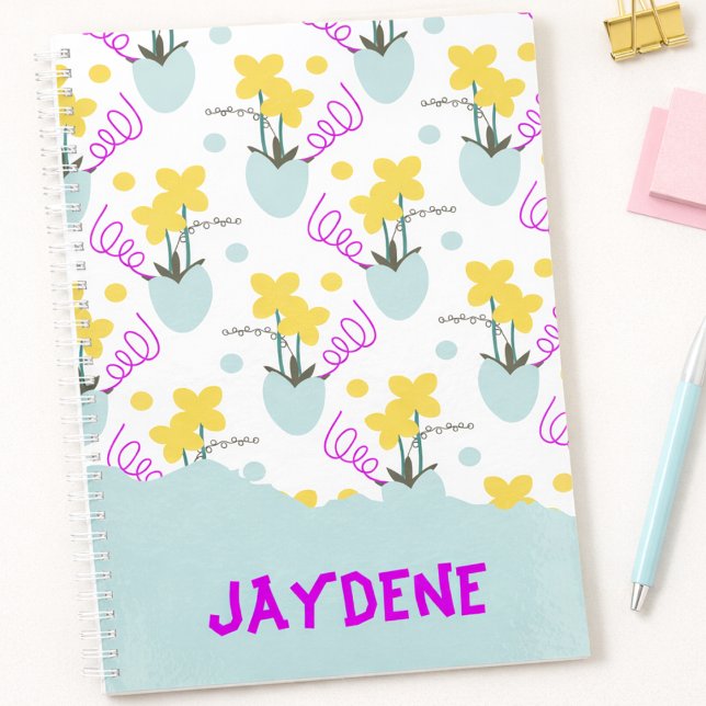"Fleurs Mignonnes Pastel Dans Des Vases  (Flowers in vases, dots and squiggles, and your name in bold. It's cute and hand drawn just for you.)