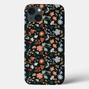 Fleurs modernes Feuille Noir Orange Bleu Coque fil