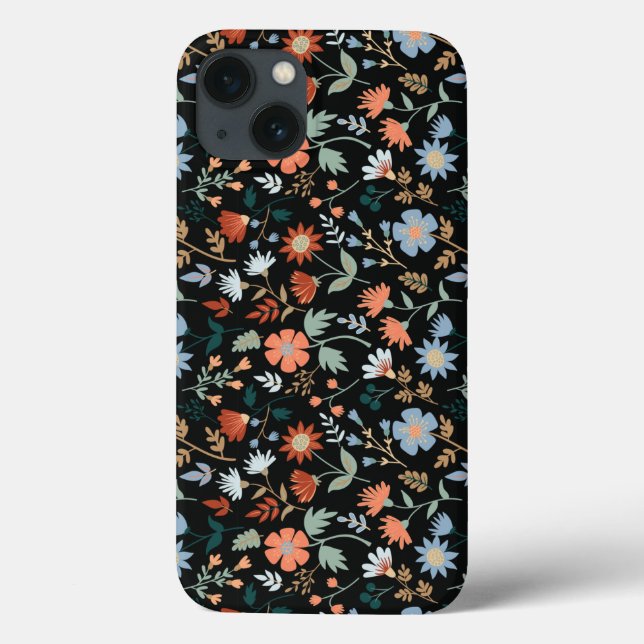 Fleurs modernes Feuille Noir Orange Bleu Coque fil (Verso)