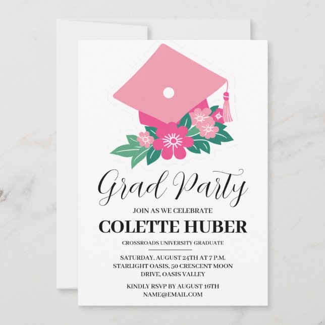 fleurs modernes invitation de graduation rose (Devant)