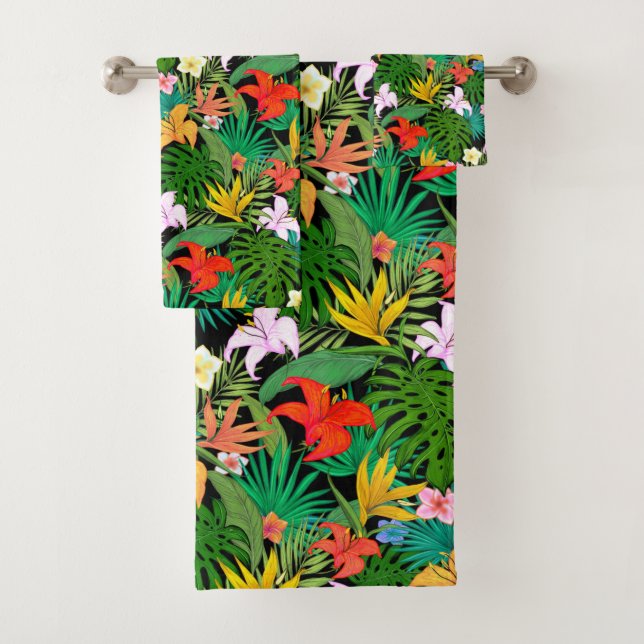 Fleurs multicolores et Feuilles de palme sur noir (En situation)