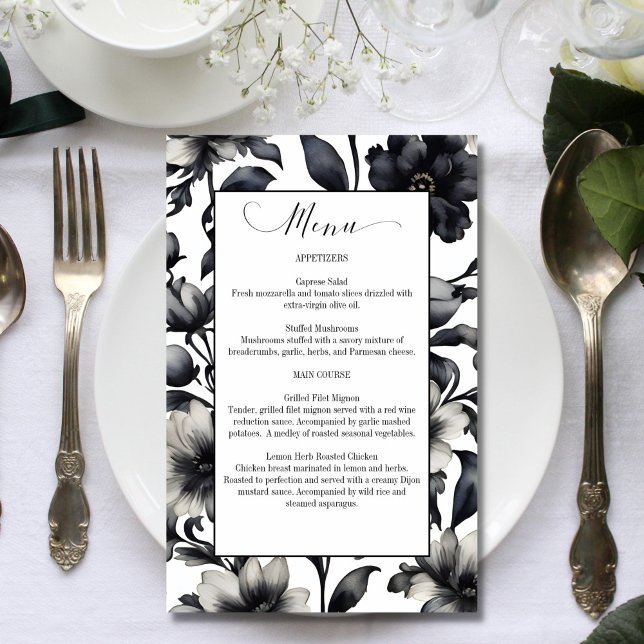 Fleurs noires et blanches élégant menu de mariage (Black and white flowers elegant wedding menu car template)