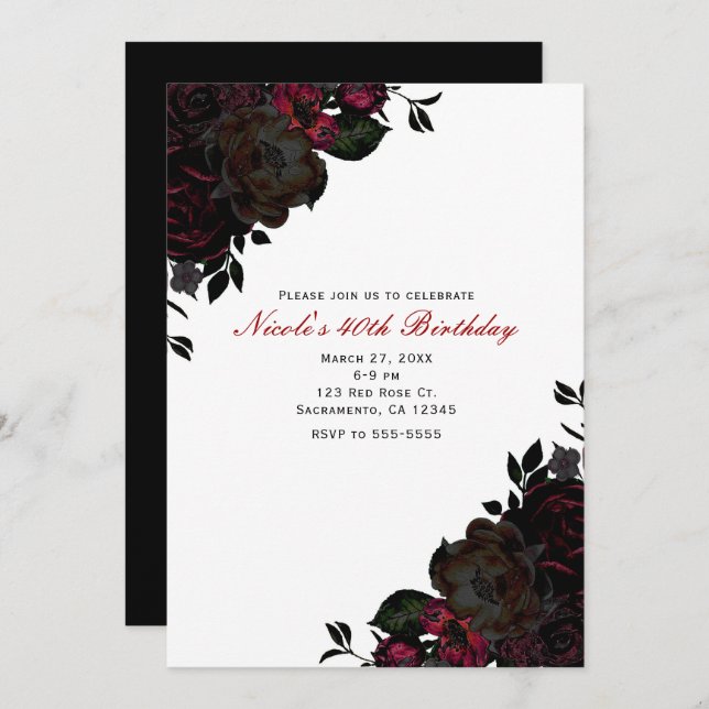 Fleurs noires et rouges foncées Invitations gothiq (Devant / Derrière)