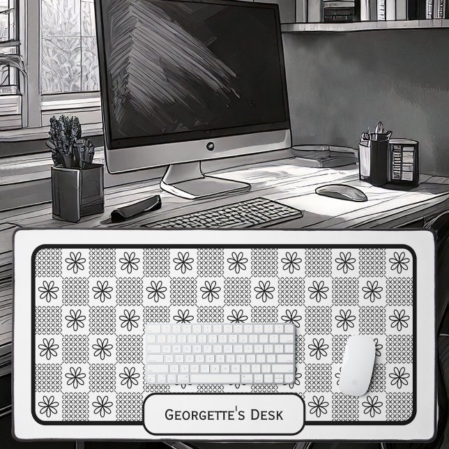 Fleurs noires minimalistes - Vérifié sur blanc (Minimalist Black Floral Checked on a white Background by Office Accessories Shop)