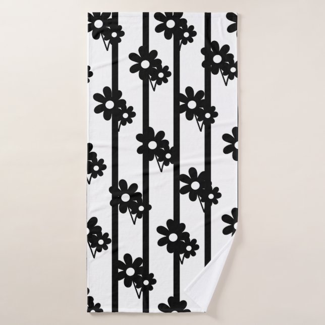 Fleurs Noires Modernes Avec Bandes Verticales Noir (Serviette de bain)