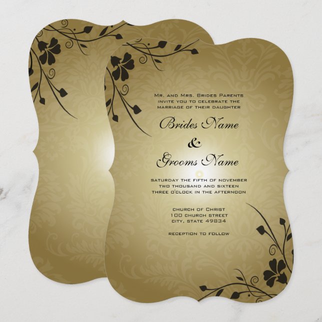 Fleurs noires sur Gold Mariage damassé Invitation (Devant / Derrière)