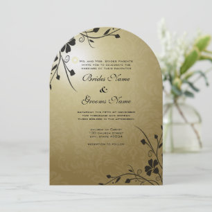 Fleurs noires sur Gold Mariage damassé Invitation