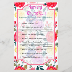 Fleurs Nursery Rhyme Quiz jeu de baby shower