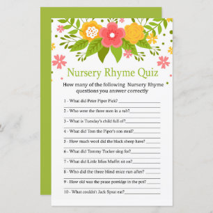 Fleurs Nursery Rhyme Quiz jeu de baby shower