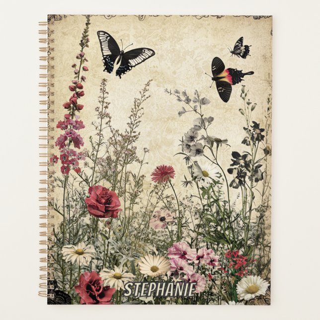 Fleurs, oiseaux et papillons sur papier vieilli (2 (Devant)