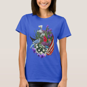 fleurs, oiseaux et T-shirt du drapeau 2r