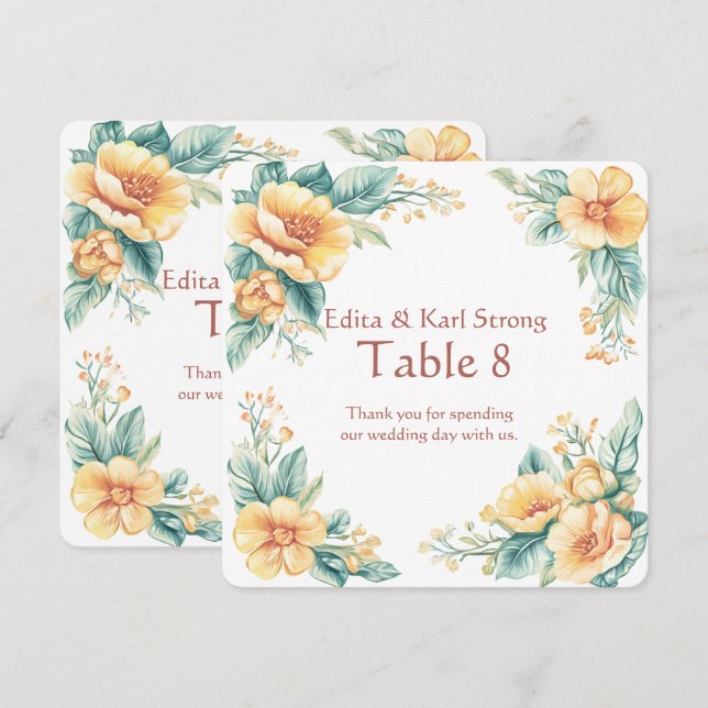 Fleurs orange et vert Numéro de table Merci (Devant / Derrière)