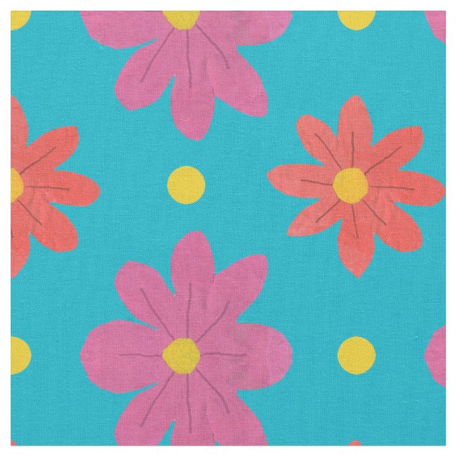 Fleurs orange rose pois sur tissu turquoise (Fermer)