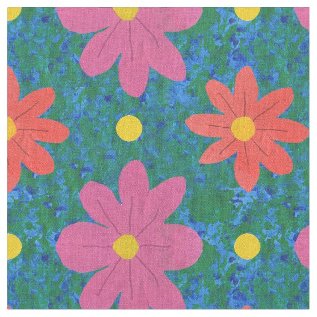 Fleurs orange rose pois, tissu bleu vert (Fermer)